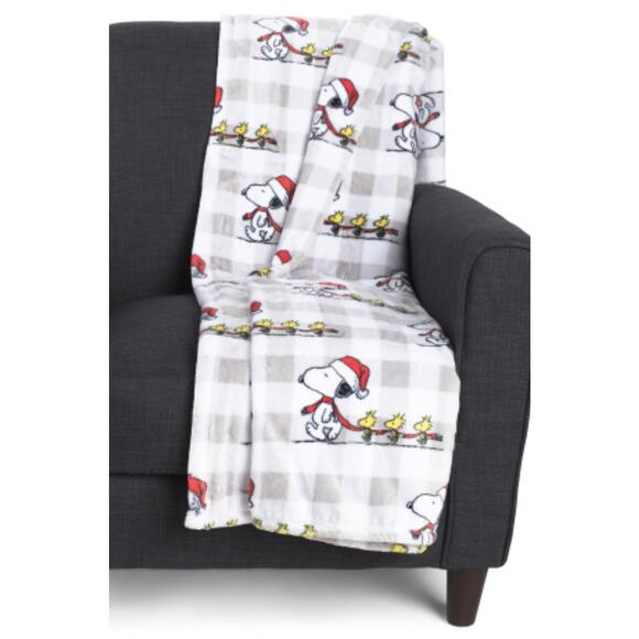 New Peanuts Snoopy Woodstock Fleece Throw 50x70 Christmas White Gray Plaid - Picture 1 of 9